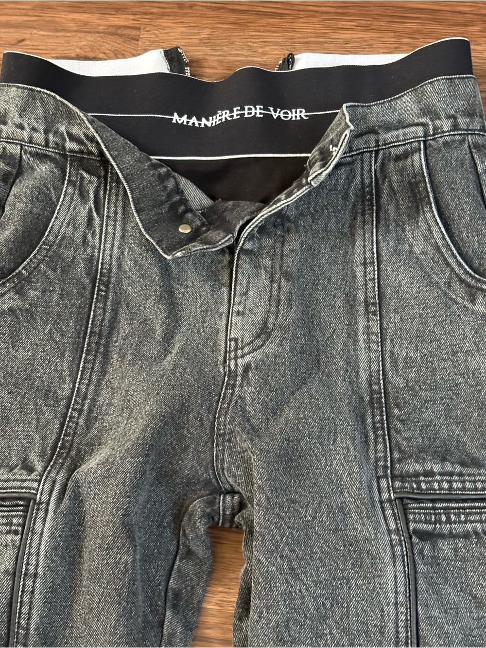 Maniere De Voir Grey Acid Wash Denim Jacket with Zipper